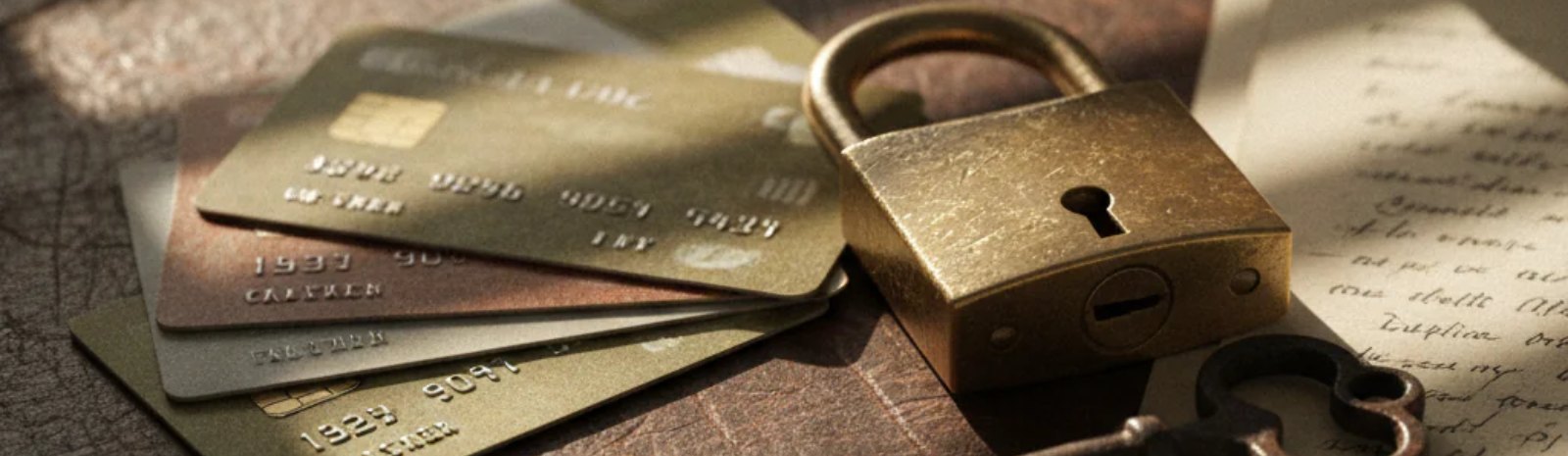 credit/debit cards next to a padlock and key