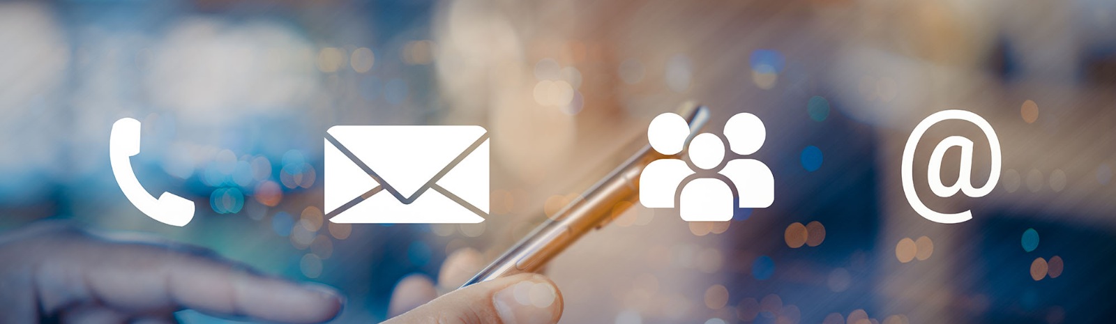 icons of a phone, envelope, people and an at symbol